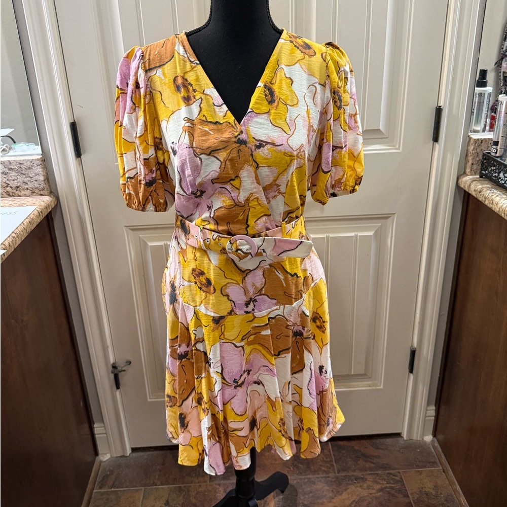 Nine West Floral V-Neck Dress - Yellow and Pink